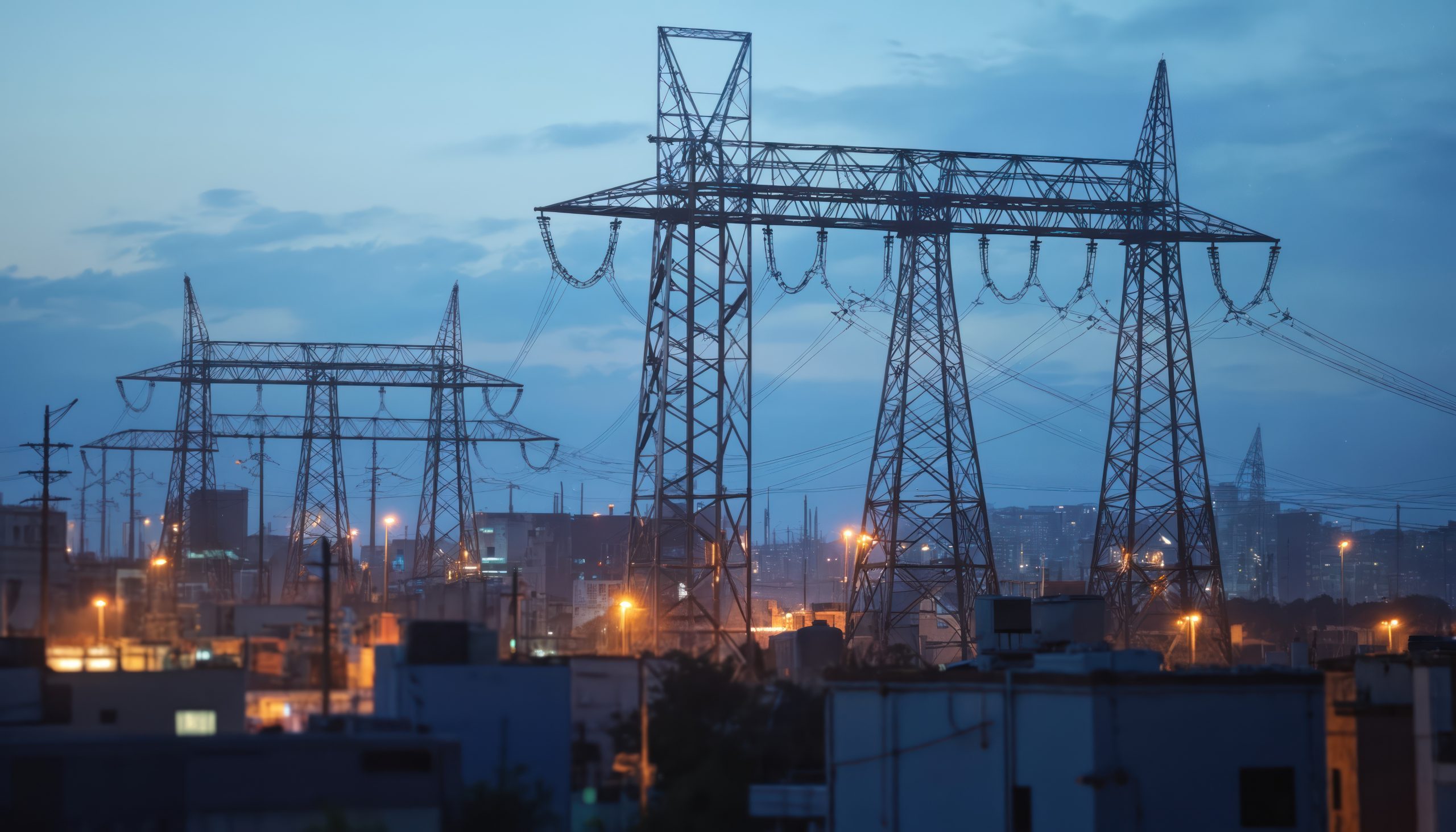 TNUoS charges demonstrated by a twighlight shot of electricity pylons
